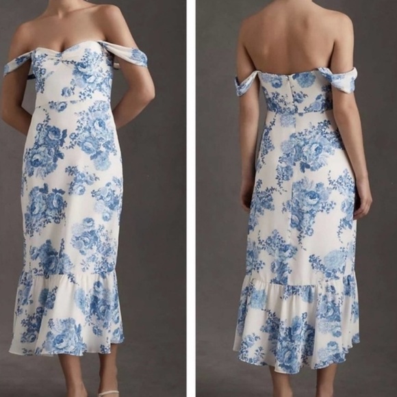 BHlDN Elegant Blue Floral Off-Shoulder Dress - Picture 1 of 3